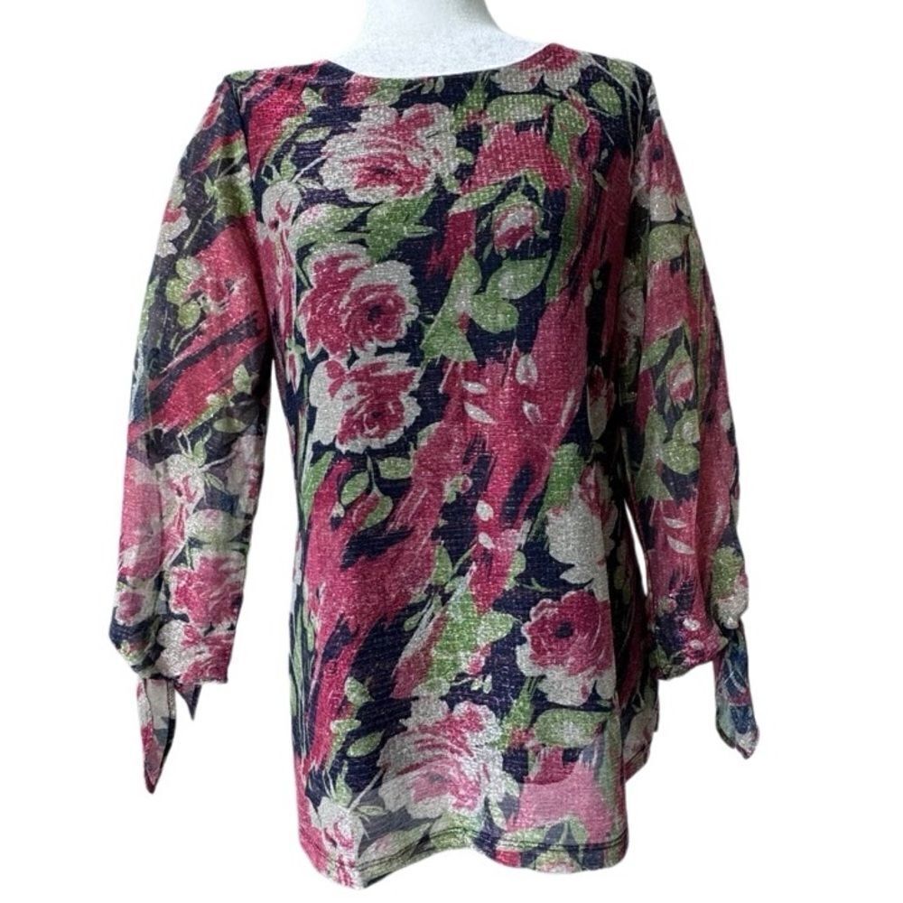 Y2K Metallic Floral Tunic Shirt Pullover QVC Loose Fitting Romantic